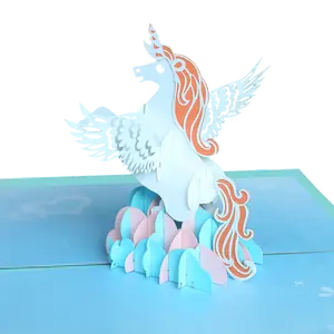 Venta al por mayor de unicornio azul promocional regalo arte niños fiesta de cumpleaños invitación 3D Pop Up tarjeta de felicitación con sobre