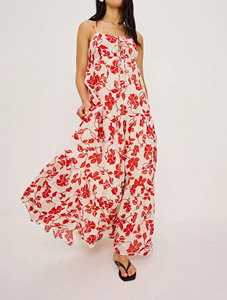 Vestido largo escalonado con tirantes finos para mujer, estampado floral, con lazo en la parte delantera, estilo bohemio, informal, para vacaciones - Product Image 5