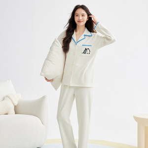 Femmes automne hiver maison vêtements motif solide à manches longues épaissi lâche revers pyjamas ensemble taille élastique fermeture respirant - Product Image 3