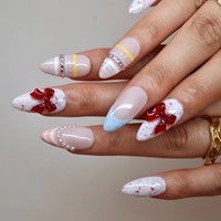 Faux ongles à presser mignons, faits main en acrylique, avec nœud rouge 3D, perles et confettis, personnalisables, vente en gros, pour rendez-vous et thé de l'après-midi