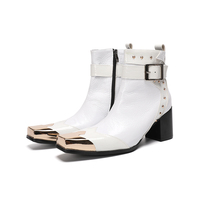 Bottes de danse jazz à talon haut en cuir véritable à bout carré NA1004 pour hommes, grandes tailles, avec boucles et sangles, bottes à la cheville, chaussures de soirée en boîte de nuit