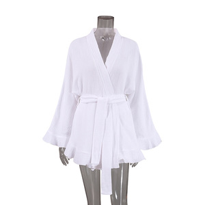 Set di accappatoio in cotone 100% personalizzato da donna morbido pigiama arricciato a maniche lunghe cintura elastica per abiti primavera all'ingrosso - Product Image 5