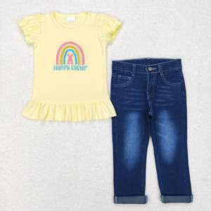 Sans Tarif Douanier PM Me GSPO1136 RTS Ensembles de Boutique Frères et Sœurs, Ensembles en <span class=keywords><strong>Jean</strong></span> à Manches Courtes Jaune Motif Lapin de Pâques, Vêtements de Mode pour Filles - Product Image 3
