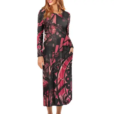 Falda con estampado retro polinesiano para mujer, vestido de talla grande personalizado, manga larga, elegante, fiesta, dr