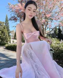 Robe de soirée longue élégante rose clair pour femme, bretelles spaghetti, nœud, robe de bal personnalisée OEM/ODM, robe de soirée estivale douce - Product Image 6