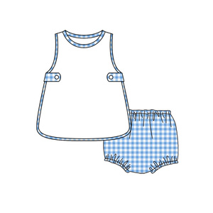 GBO0528 Ensemble de vêtements décontractés pour fillette, style personnalisé sans MOQ, imprimé à carreaux bleus et blancs, sans manches, culotte courte, vente en gros pour enfants - Product Image 6