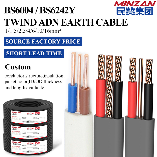 BS6004 BS6242Y House Flat Twin +Earth Cable Pure Copper 2.5MM Electric Cable PVC Electrical Building Wires for House Wiring