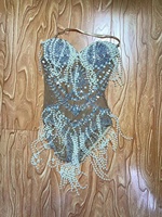 Combinaison sexy à col en V pour soirée en boîte de nuit, perles, franges, justaucorps pour femmes, combinaison à strass, tenue de festival, vêtements de danseuse gogo