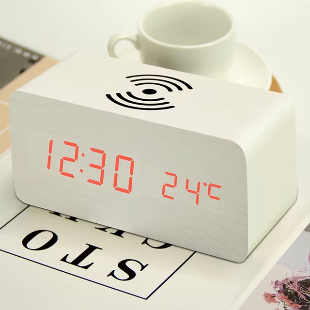 EMAF Large Digital Stand Electronic Small Desk Wood Studio Led Digit Alarm Smart Mobile Phone Fast Wireless Charger Table Clock