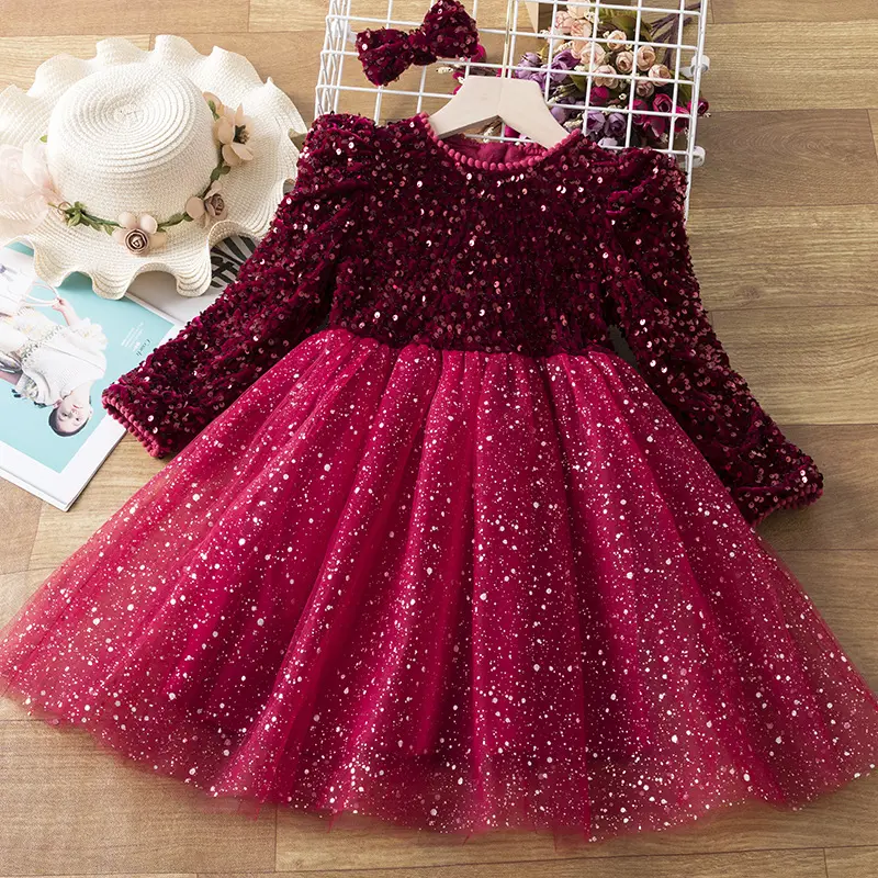 Meninas lantejoulas brilhante moda tule inverno estilo manga longa natal vermelho cinza vestido de festa infantil bebê menina princesa vestido