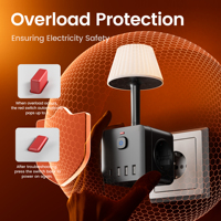 Regleta de enchufes múltiple Rohs CE KC con 3 tomas de CA 250V 16A, 3 USB-A, 1 Tipo-C y 1 Lámpara para dormitorio/escritorio