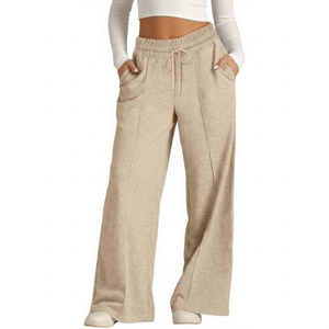 Pantalon de survêtement taille haute ample et décontracté pour femme grande taille, couleur unie, avec cordon de serrage et poches - Product Image 1