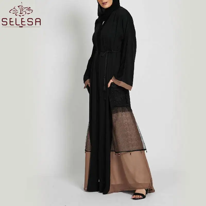 Hitam नवीनतम फैशन अरब 3 परतों आधुनिक इस्लामी सामने खुले Abaya मुस्लिम महिलाओं के कपड़े