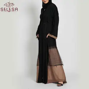 Hitam Latest Fashion Arab 3 Layers Modern Islamic Front Open Abaya Muslim Women Dresses