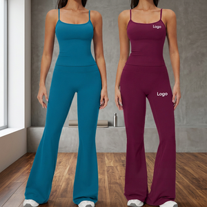 Solid Color 2-Piece Yoga Set High Waist <b>Flared</b> Leg Spaghetti Strap Crew Neck Breathable Elastic Waist Quick Dry Spandex/Nylon - Product Image 4