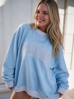 Sweatshirt Wanita Oversize Mockneck Garment Dyed 3D Puff Print Katun Fleece Pullover Jumper Atasan Kasual