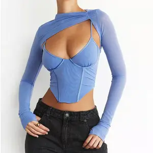 2023 new irregular stitching hollow sling satin bone mesh long-sleeved party sexy slim women's casual top