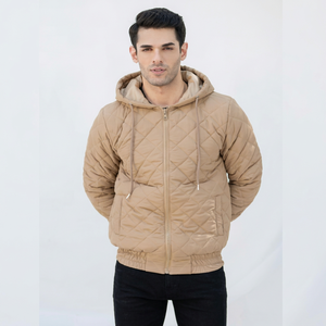 Veste matelassée à capuche kaki pour homme Vithas Industry, manteau d'hiver décontracté avec fermeture éclair, cordon de serrage, logo frontal personnalisé et rembourrage - Product Image 1