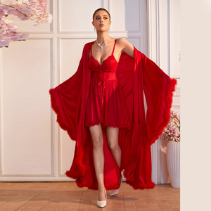 2-teiliges Satin-Nachtwäsche-Set für Damen mit Federbesatz, langer Robe, Unterwäsche mit Schnürung und Taillengürtel, 2 Farben, S-L - Product Image 1