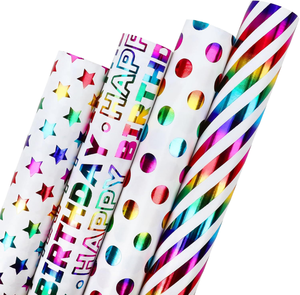 Custom Happy Birthday Gift <b>Wrap</b> <b>Paper</b> <b>Roll</b> with Stars Polka Dots Stripes Metallic Design for Party Celebration Packaging - Product Image 1