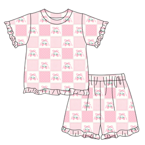 GSSO3341 Conjunto de verano personalizado para niña pequeña, con estampado de lazos rosas, conjunto de pantalones cortos de verano para niña, venta al por mayor - Product Image 3