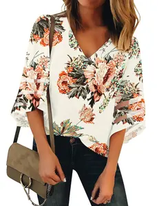Woman Tops New Fashion Style Floral Flower Printed Multicolor Shirt Loose Ladies Top Lace-up Blouse Wholesale Custom Female
