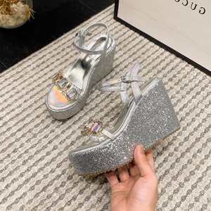 New Hot Selling 2023 Summer Slope Heel Fashion Super High Heel One Piece with Rhinestone <b>Sandals</b> - Product Image 2