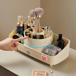 Boîte de rangement cosmétique avec miroir, organisateur de bureau en plastique de 35 cm pour pinceaux de maquillage, rouges à lèvres, fards à paupières, support de tiroir - Product Image 3