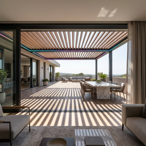 Pérgola Motorizada con Revestimiento de Madera, Pérgola Moderna de Aluminio para Exteriores con Control por Aplicación, Luz RGB y Sensor de Lluvia - Product Image 3