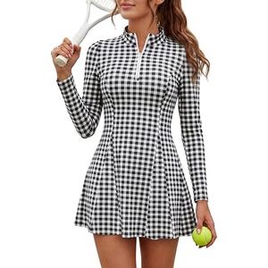Robe de tennis et de golf pour femmes, manches longues, à carreaux, fermeture éclair, mini-jupe, tenue de sport pour entraînement - Product Image 1