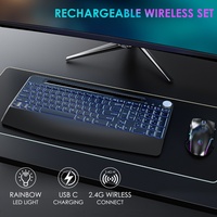Clavier et souris sans fil 2,4 G rechargeables avec repose-poignets RVB, souris Jiggler, bouton de volume, éclairé, taille standard