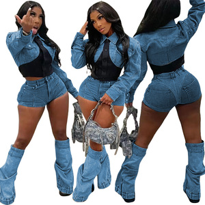 Kleidung Stylish Street Women Elastic ity Splicing Kurz geschnittene Jacke Denim Shorts Set Zweiteilige Damen Sets - Product Image 1