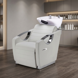 Modern Reclining Shampoo <b>Bed</b> with Gold Trim & Footrest PU Leather Hair Washing Station for Beauty Salon - Product Image 2