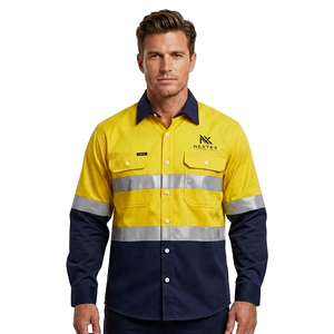 Men's Visibility Work <b>Shirt</b> Cotton Reflective Safety Uniform Long Sleeve Yellow <b>Navy</b> <b>Blue</b> Colour Safety <b>Shirt</b> For Man - Product Image 1