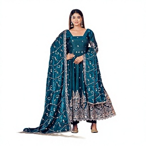 Teal Silk Anarkali <b>Suit</b> With Embroidered Dupatta Traditional Indian <b>Wedding</b> <b>Dress</b> <b>Women</b> Floor-Length Regular Fit - Product Image 1