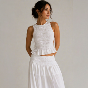 Nouvelle Robe Chic Tendance Toutes Saisons en Coton Écologique Respirant avec Col Nœud Blanc et Peplum Sans Manches pour Femme - Product Image 1