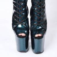 Chaussures Gothiques Sexy à Plateforme au-dessus du Genou Vertes 20cm avec Bande Flash sur l'Orteil pour Pole Dance, Boîte de Nuit, Fétichisme, Défilé, Tige en PU, Fermeture à Lacets
