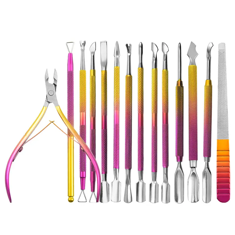 プロのデュアルヘッドステンレス鋼カラフルなキューティクルプッシャースプーンネイルキューティクルプッシャーピーラースクレーパーマニキュアニッパー