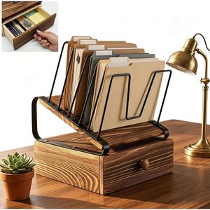 Wooden Desktop <b>File</b> Organizer Slanted Rack With <b>Drawer</b> For Office Home Use Multipurpose Storage Vertical Filing System - Product Image 1
