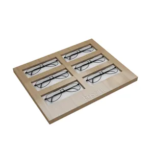 Fashion optical lens shop design wood desktop counter frame sunglasses display tray for holding 6 pairs