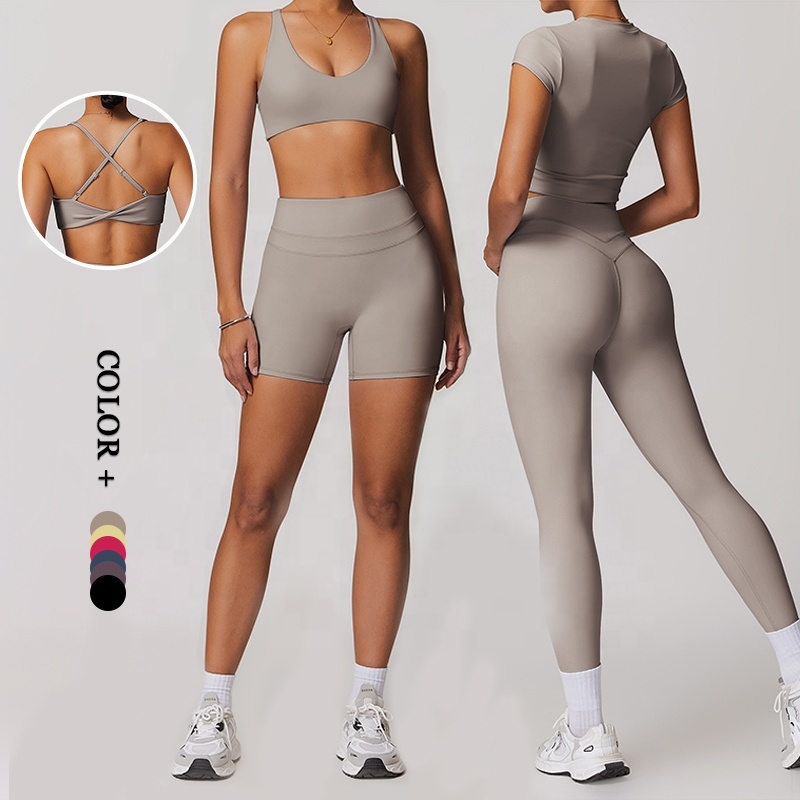 High-Strech Gymwear Yoga Breathable Cross Design Detachable Padded High Support Yoga Bra T-Shirt Set Breathable Leggings Shorts
