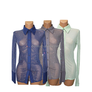 T155 Camicia Polo Personalizzata con Strass, Manica Lunga, Traspirante, Produttore di Bluse <span class=keywords><strong>Trasparenti</strong></span> - Product Image 2