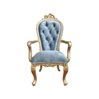 Fauteuil capitonné en velours bleu de style européen avec cadre sculpté doré, chaise d'appoint élégante pour salon et salle à manger, chaise classique