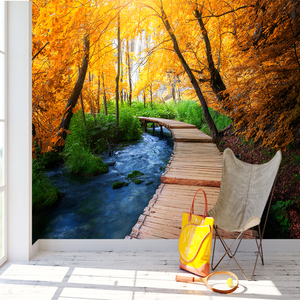 Mural de Pared Autoadhesivo Impermeable de Seda con Paisaje de Río en Bosque Otoñal, Moderno, para Comedor, Dormitorio, Sala de Estar, Fácil Instalación - Product Image 1