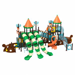 Équipement de terrain de jeu extérieur géant personnalisé sur le thème du château et du bateau pirate avec trois toboggans ondulés pour parcs à thème - Product Image 1