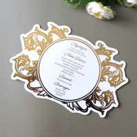 Cartes de menu de mariage en carton blanc feuille d'or de forme unique personnalisées avec texte d'estampage en or pour décoration de table