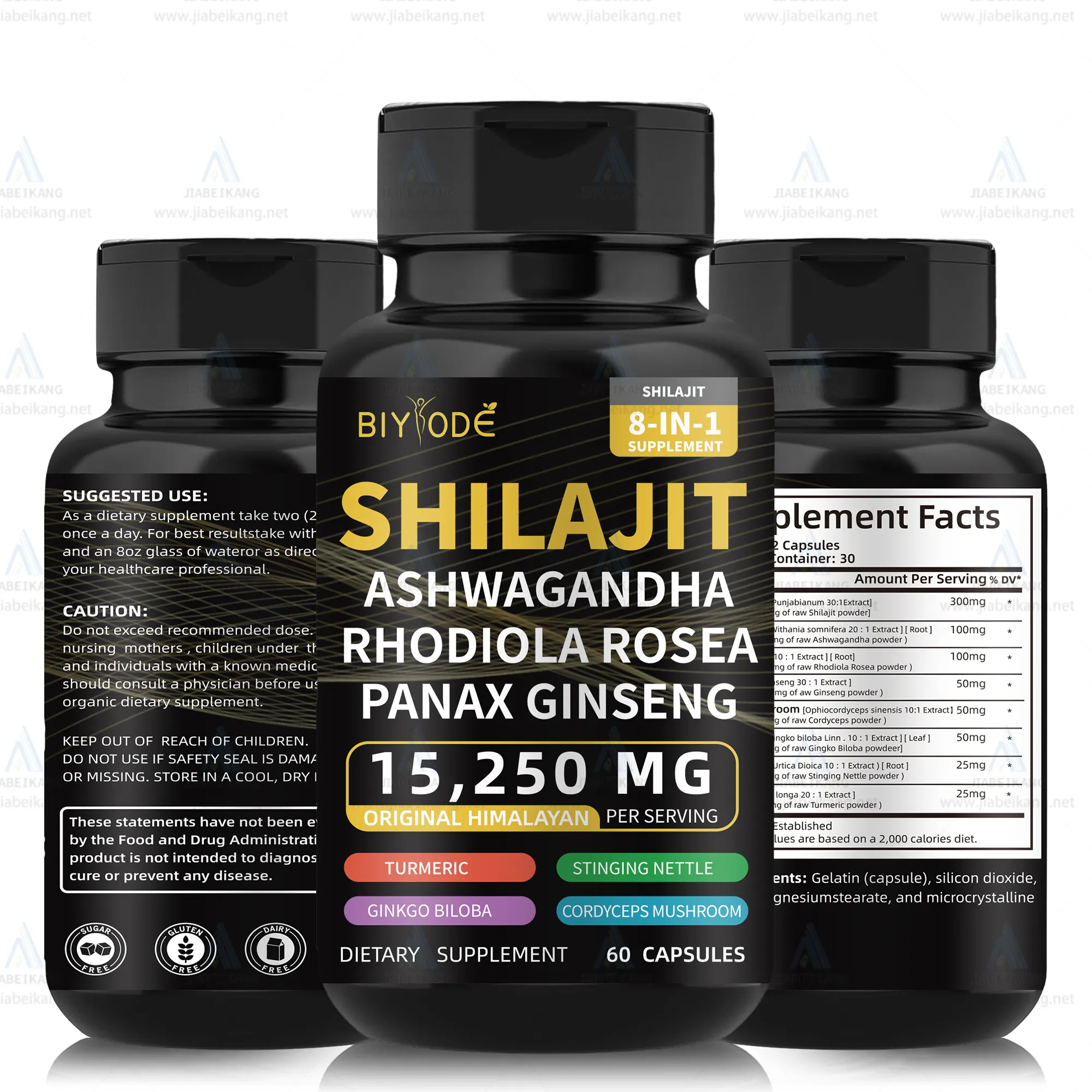 Nouveaux comprimés de shilajit + ashwagandha + ginseng 8 en 1 riche en nutrition suppléments de soins de santé capsules de shilajit himalayen