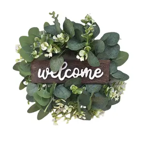 Front Door Wall Window Festival Garden Decor Artificial Green Eucalyptus Wreath with Welcome Sign