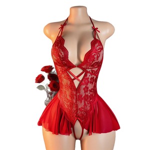 Body de una pieza de encaje con entrepierna abierta, sin necesidad de quitar, sexy, para mujer, con cuello en V profundo, falda corta, lencería íntima de nailon transparente - Product Image 5
