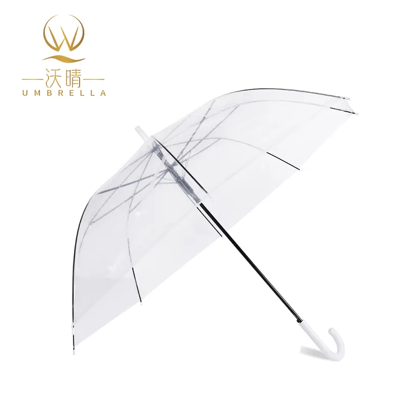 Poliester PVC transparan terbuka otomatis kustom wanita 190T payung berbentuk kubah plastik bening desain transparan bingkai serat kaca